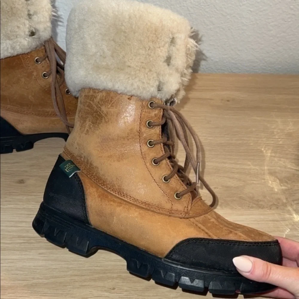 Ralph Lauren‎ Quinta Tan Brown Leather Shearling Mid Calf Winter Boots